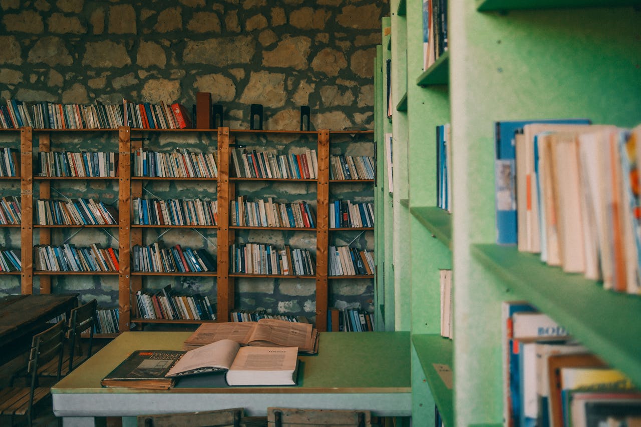 team-01 Inviting library room with wooden shelves and open books, creating a cozy reading atmosphere.