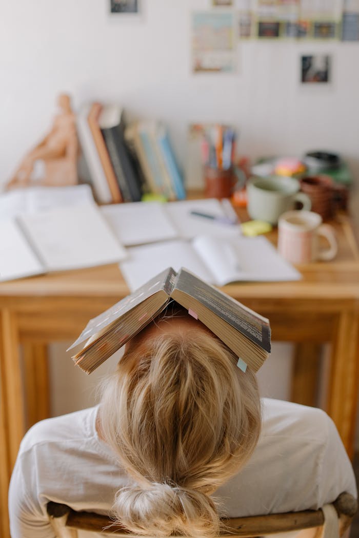services-03 Student feeling stress and exhaustion while studying at a cluttered desk with an open book on their head.